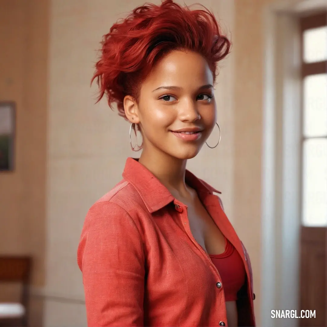 With a glowing smile, a woman sporting red hair and stylish earrings showcases her red shirt, her cheerful personality shining against a soft backdrop, creating an inviting and warm atmosphere that draws the viewer in.