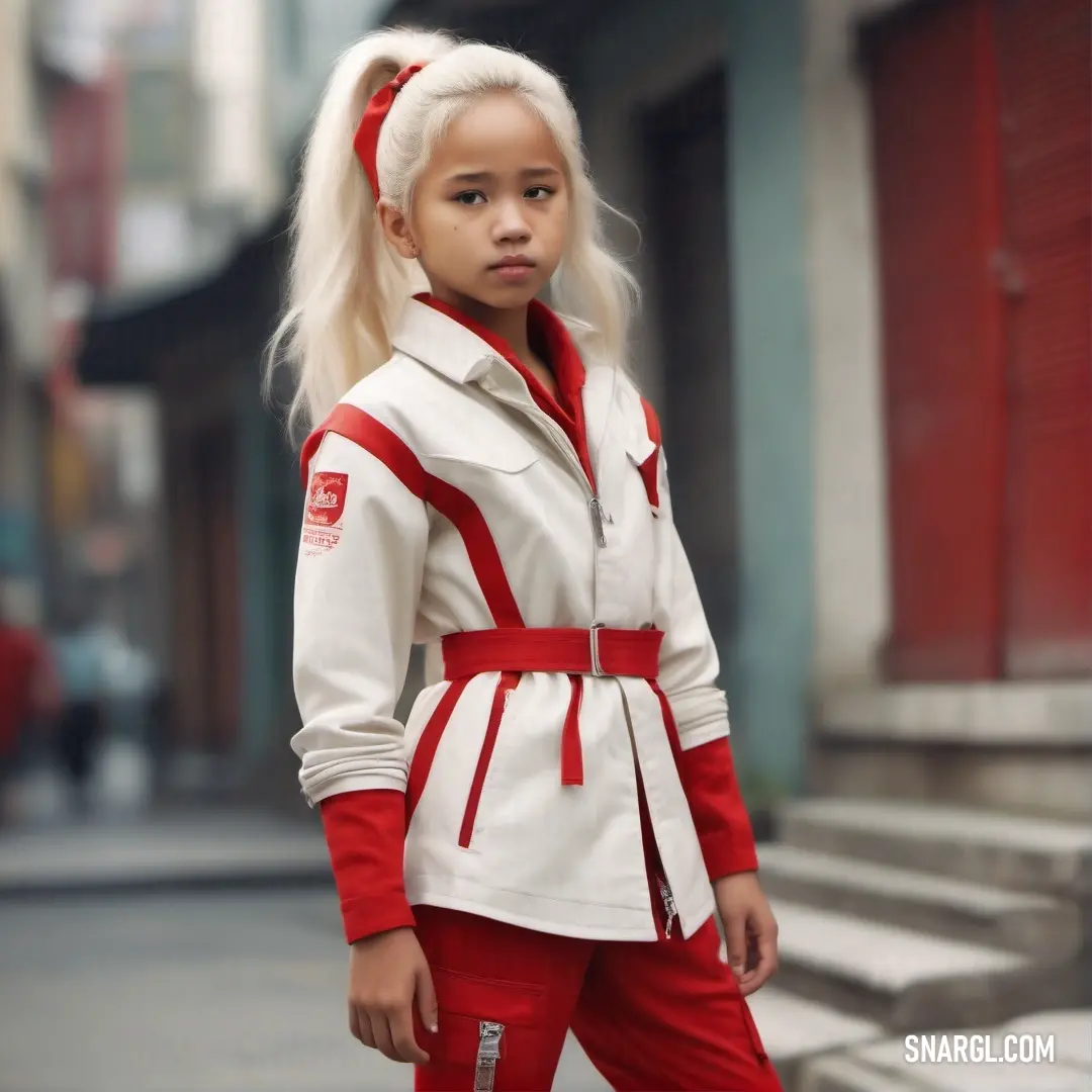 On a bustling street corner, a cheerful young girl with sparkling white hair dons a unique outfit consisting of striking red pants and a pristine white jacket. Her infectious smile lights up the urban scene as she stands amidst the city life.