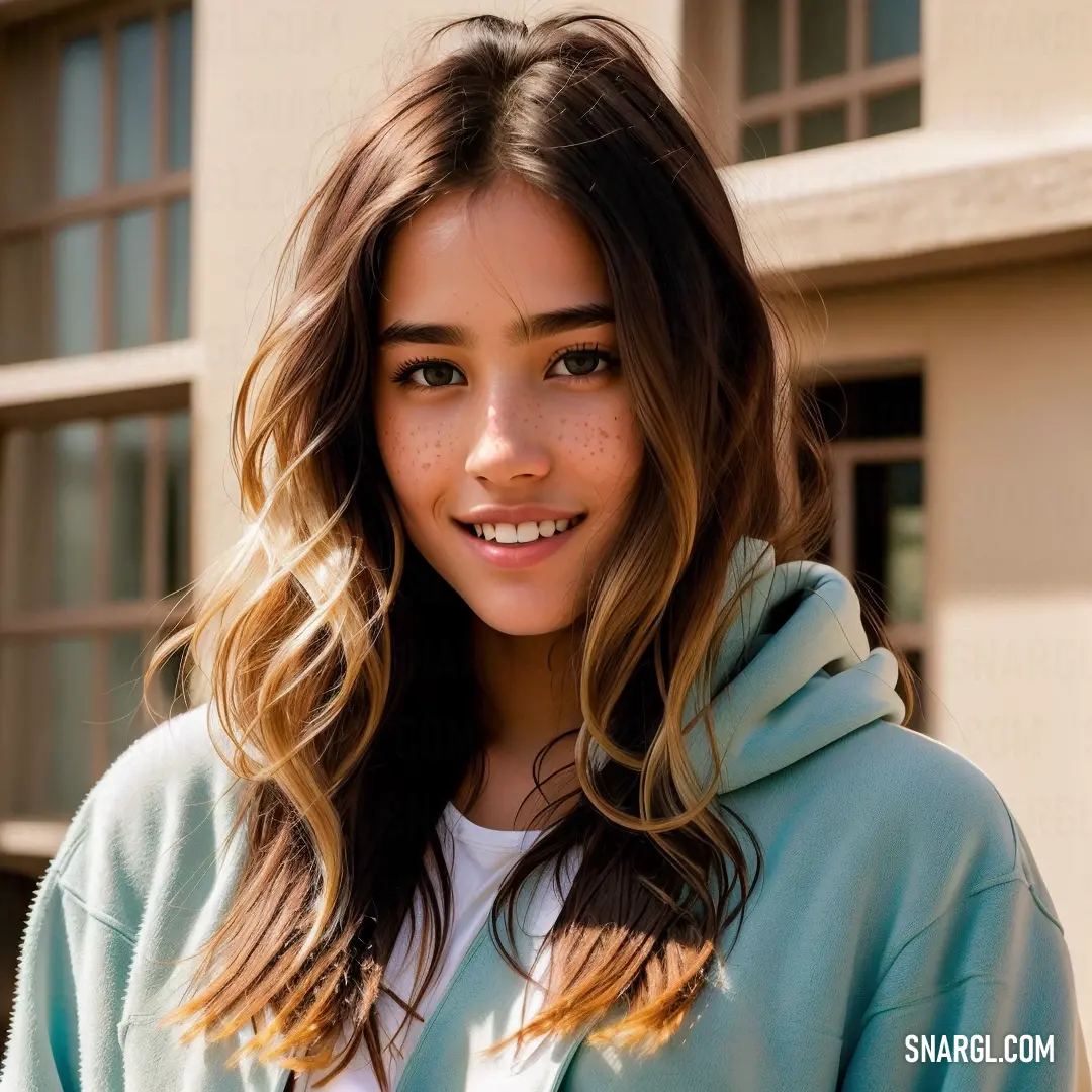 A young woman with freckled hair and a blue hoodie smiles brightly while standing outdoors. The natural light illuminates her face, creating a fresh, joyful moment full of energy and youthful spirit.