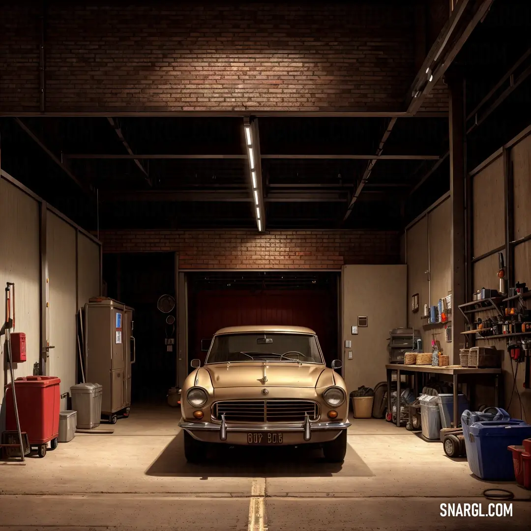 Car is parked in a garage with a brick wall and ceiling above it is a storage area with a refrigerator. Color CMYK 0,25,44,37.