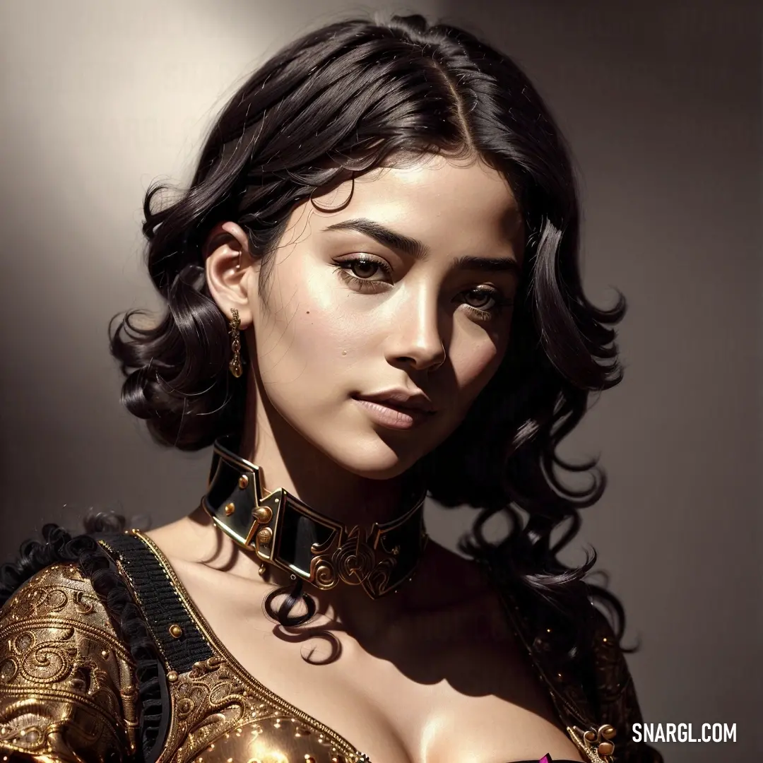 Woman in a gold dress with a choker on her neck