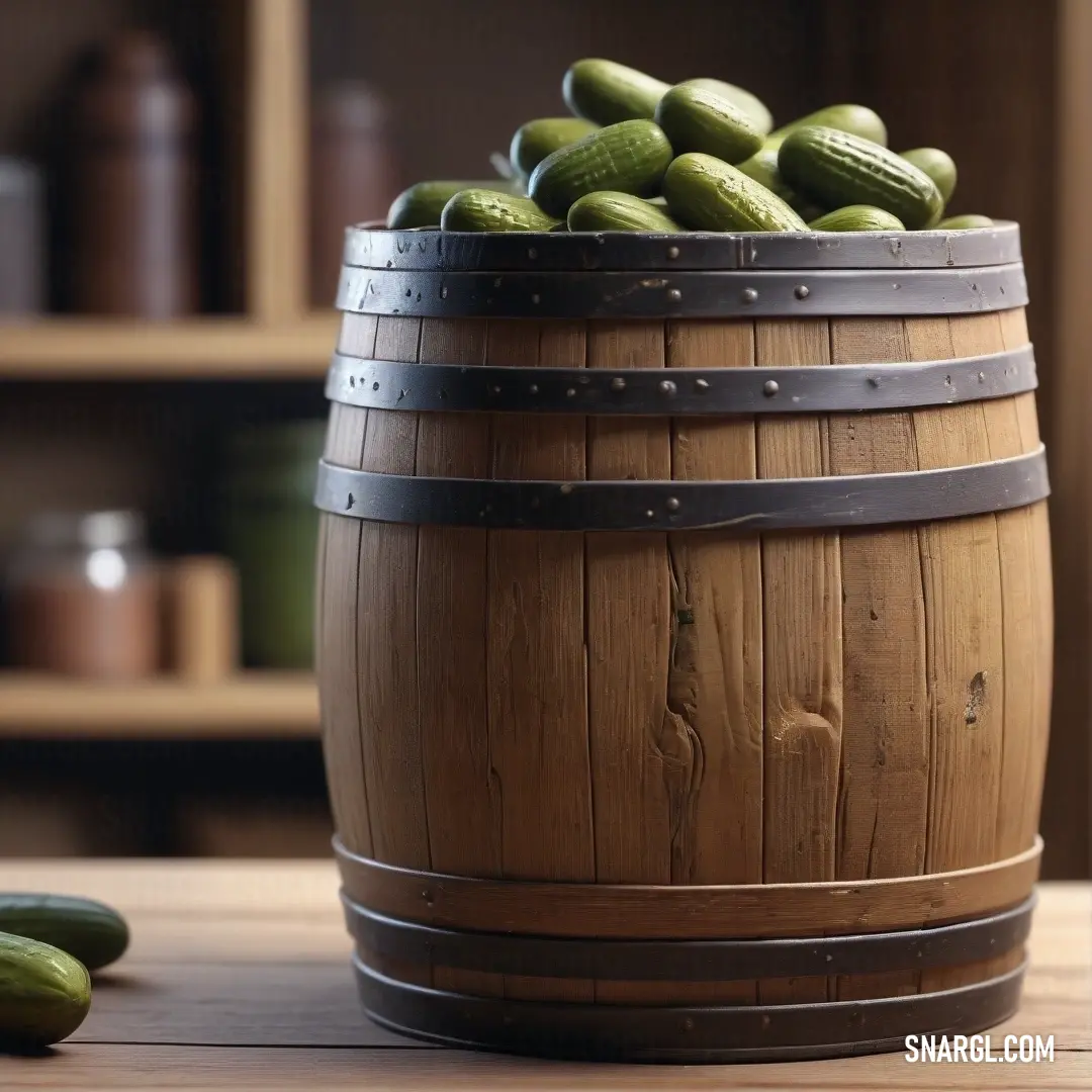 Chamoisee color. Wooden barrel filled with cucumbers on a table next to a shelf with jars