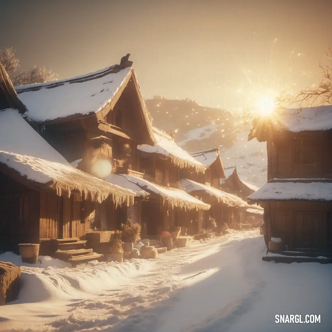 Champagne color example: Snowy village with a sun shining through the sky and snow covered roofs and buildings on the side of the road