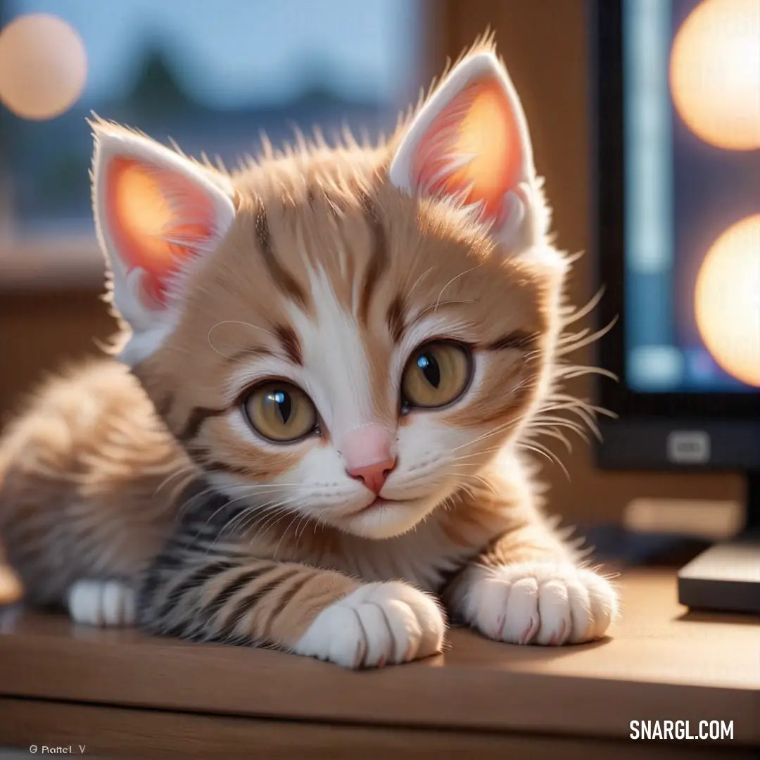 Kitten is on a desk with a computer monitor in the background