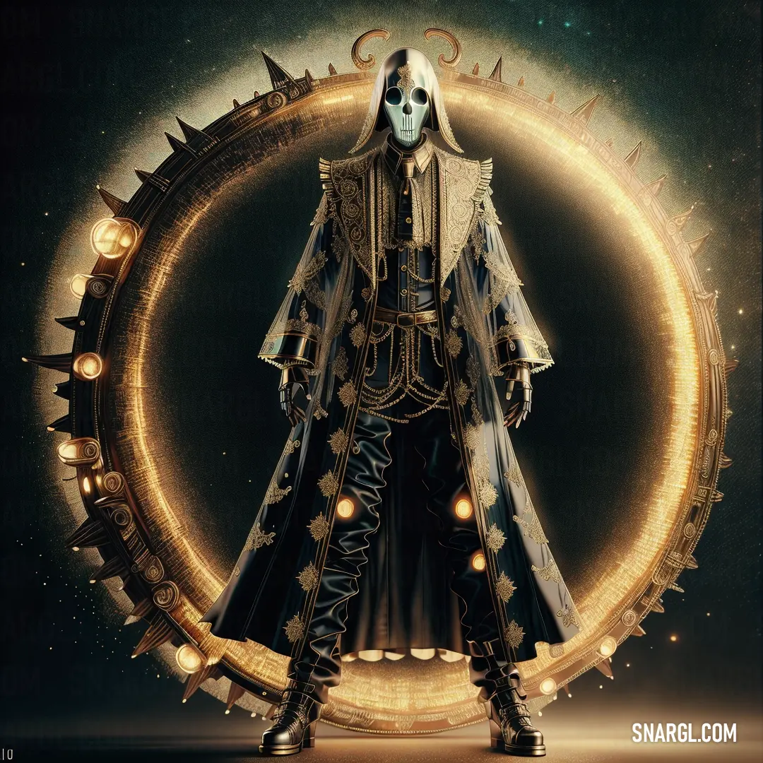 Man in a costume standing in front of a circular object with spikes on it's legs and a skull on his head