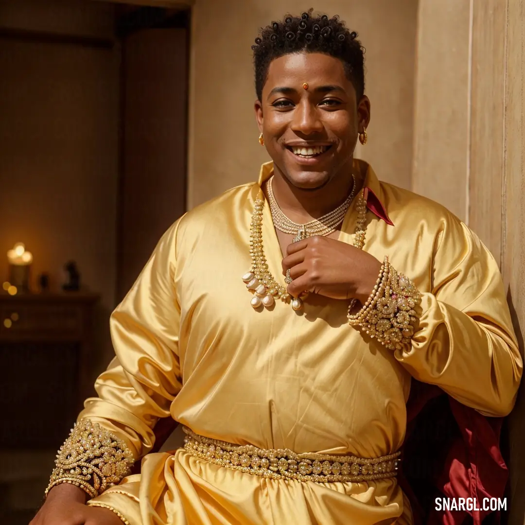 Man in a gold outfit smiles while down with a necklace on his neck and a bracelet on his left hand