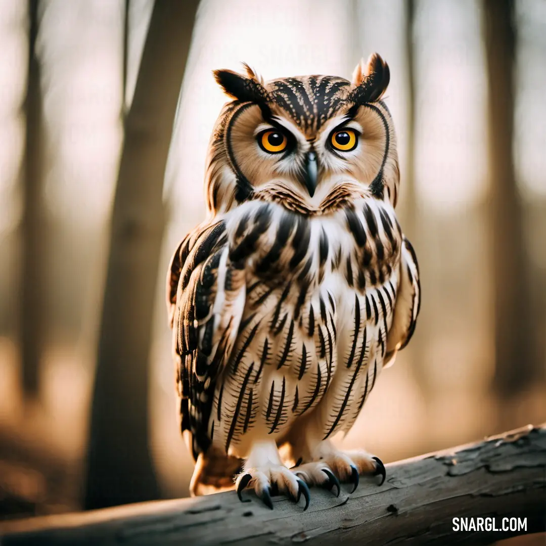 Owl on a branch in a forest with trees in the background and a yellow - eyed owl in the foreground. Example of RGB 250,214,165 color.