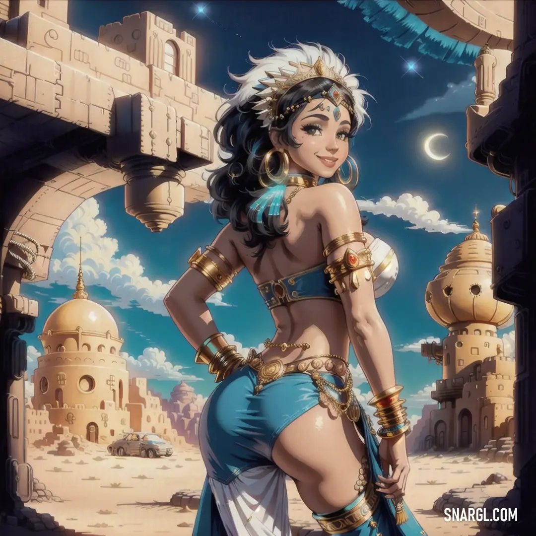 Woman in a blue costume standing in front of a desert city with a moon in the sky above her