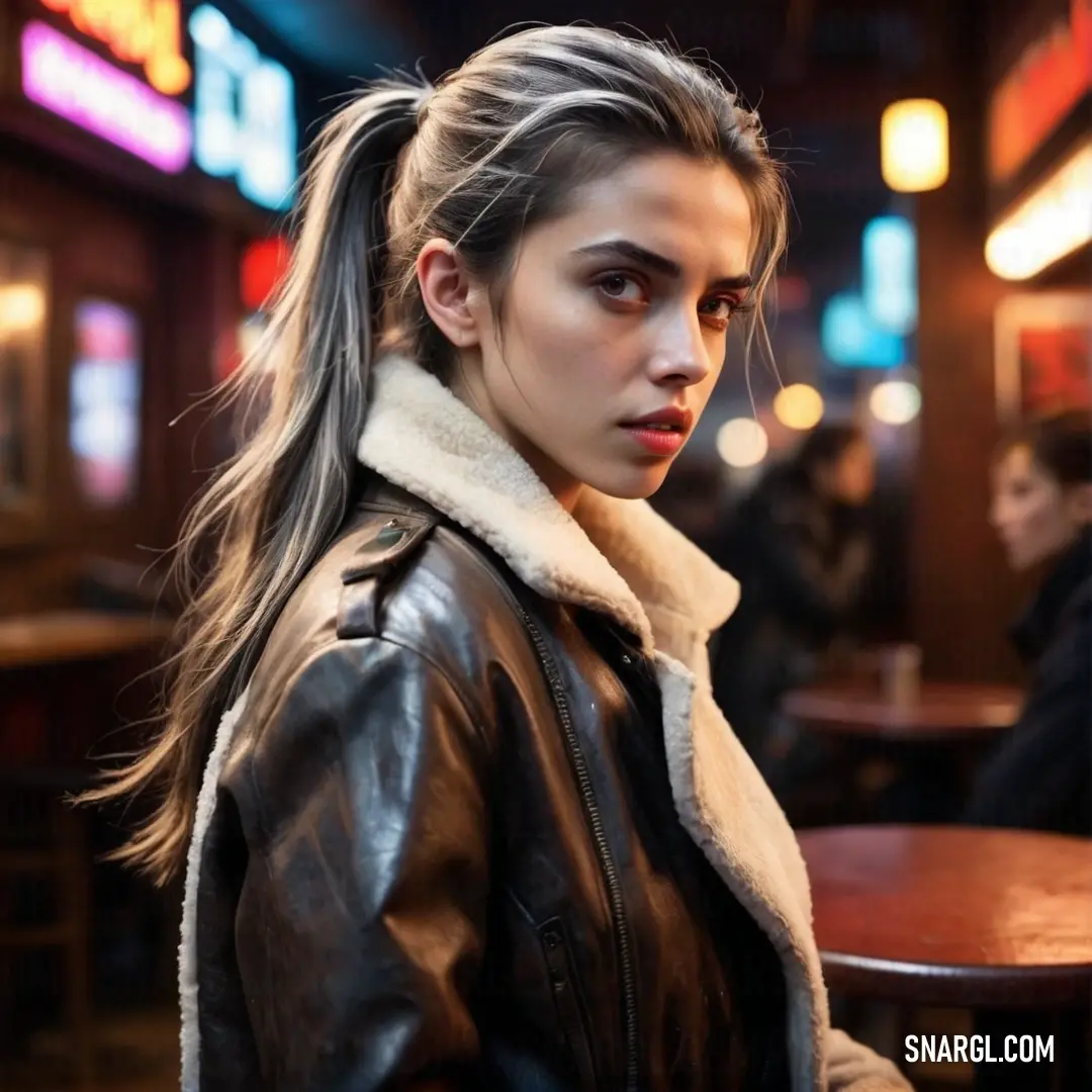 Woman with long hair and a ponytail standing in a bar with a leather jacket on and a table