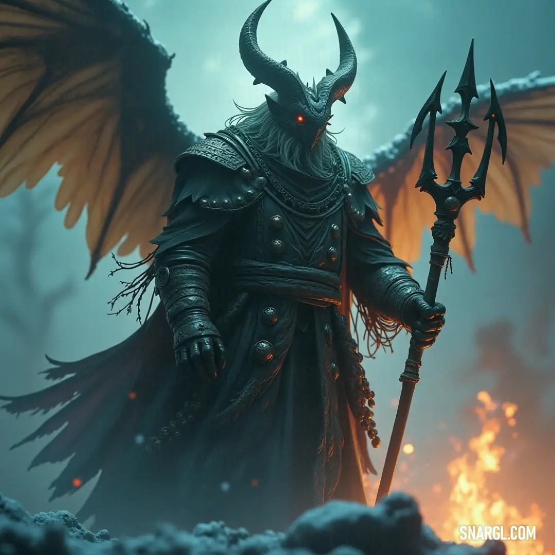 Chamuel wielding a staff and sceptacle in a snowy realm, where tranquility meets the intensity of flames illuminating the frigid air. A commanding presence in the form of Chamuel, adorned with a sceptacle and staff, stands amid a snowy landscape, where flickers of flame contrast with the serenity of the snow.