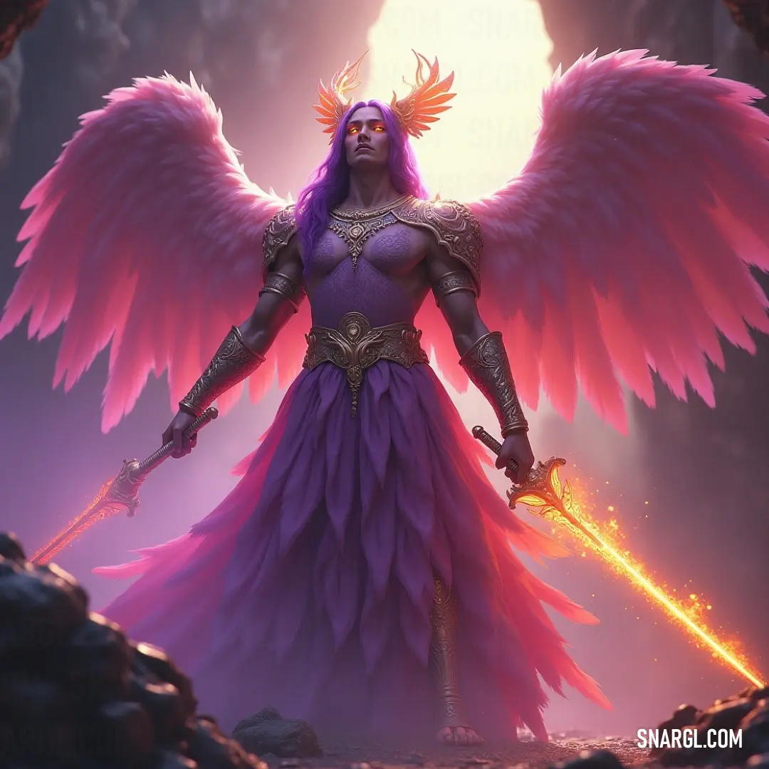 Chamuel in a cavern, illuminated by bright light, holding a sword and showcasing the battle between light and darkness. In a mysterious cave bathed in radiant light, Chamuel, adorned with angelic wings, confidently holds a sword, a beacon of hope amidst the darkness of the subterranean world.