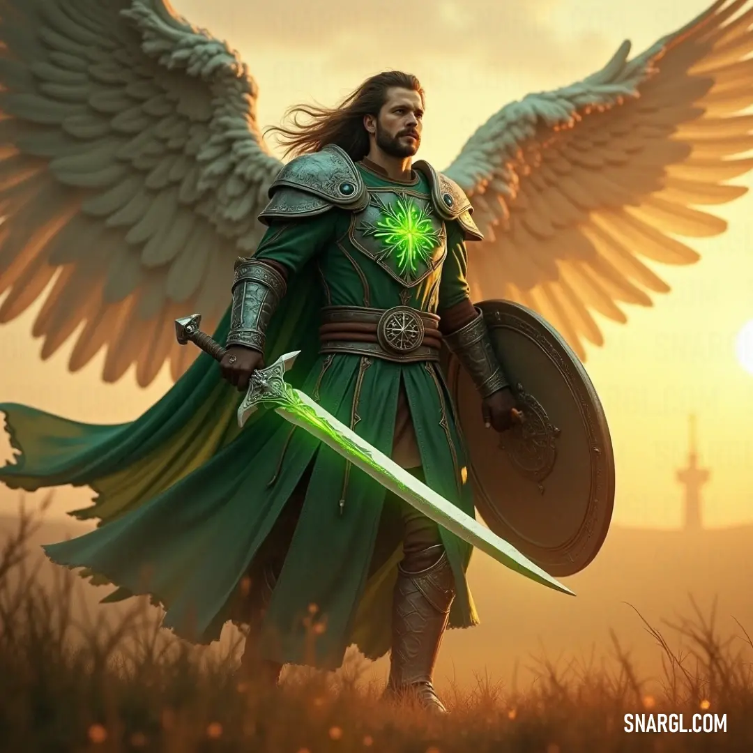 Dressed in verdant hues, Chamuel stands on a sunlit battlefield, wielding a sword and shield, magnificent wings unfurling as a colossal bird soars above, invoking a sense of harmony between hero and nature at twilight.