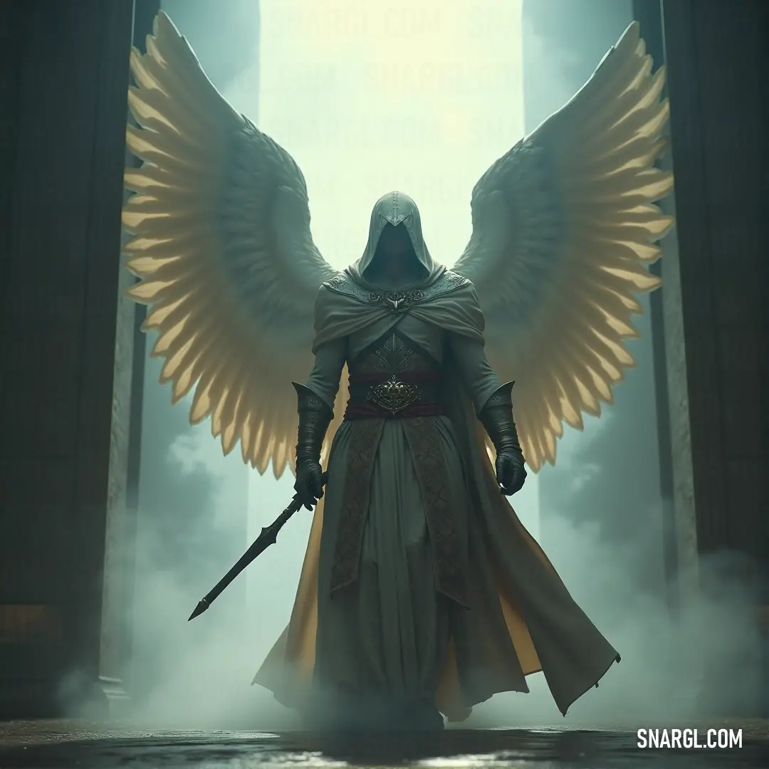 Chamuel, sword in hand, stands in a fog-filled realm, his wings glowing, with a giant angel looming in the mist. Chamuel, holding his sword with determination, stands amidst thick fog, his wings giving him an almost otherworldly presence. Behind him, a massive angel appears in the mist, creating a surreal and awe-inspiring scene of power and mystery.