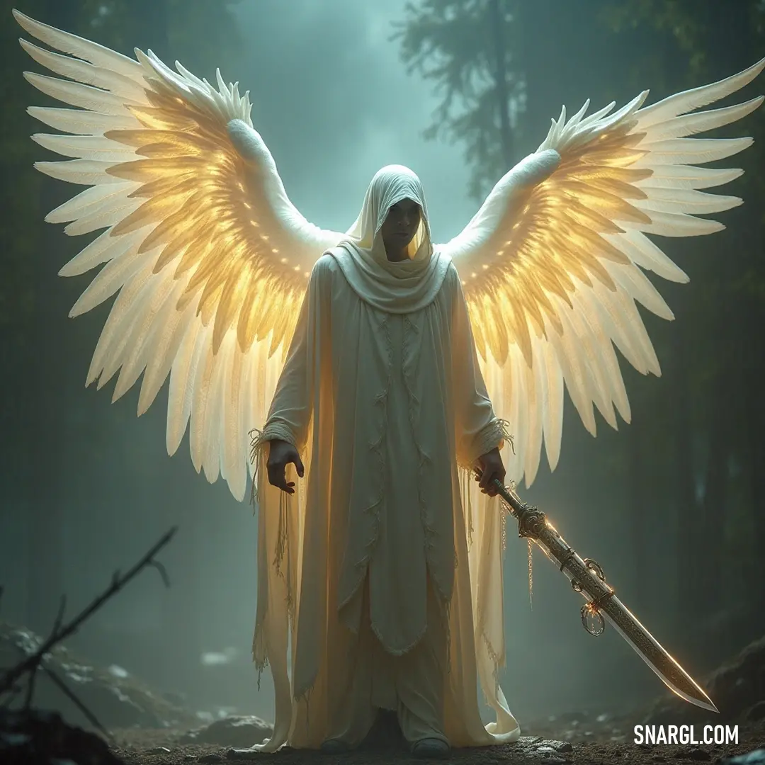 Chamuel in a white robe with wings holding a sword, exuding serene strength amidst her majestic presence. In a flowing white robe, Chamuel stands with grace, holding a sword tightly, her magnificent wings and powerful stance radiating a serene strength that captivates all who gaze upon her.