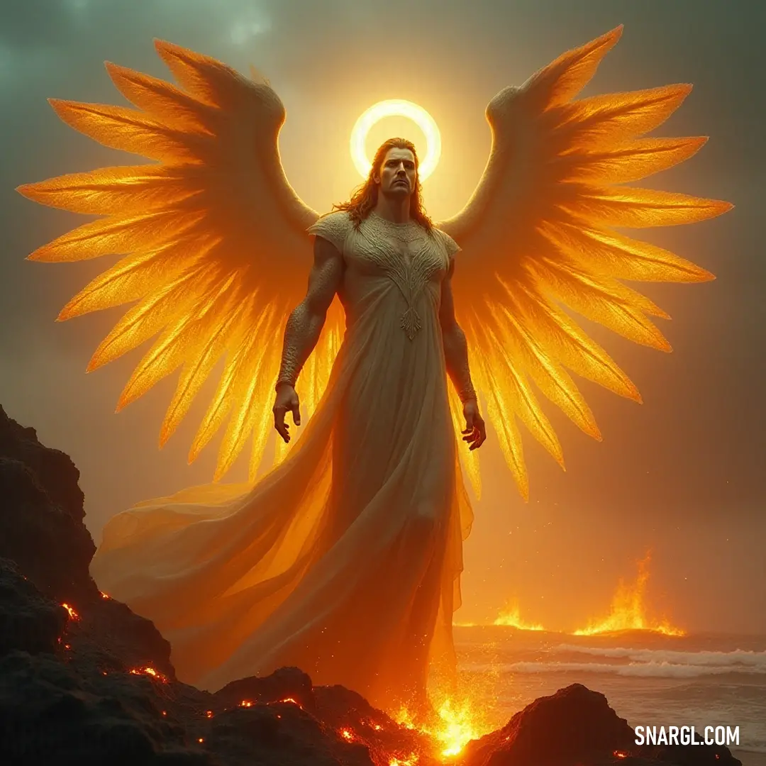 Chamuel standing on a rock near the ocean, with wings unfurled and a halo glowing softly around him. Chamuel stands on a rocky ledge by the ocean, his wings unfurled and halo shimmering, as gentle waves crash below, encapsulating a moment of divine peace and guardianship over the vast sea.