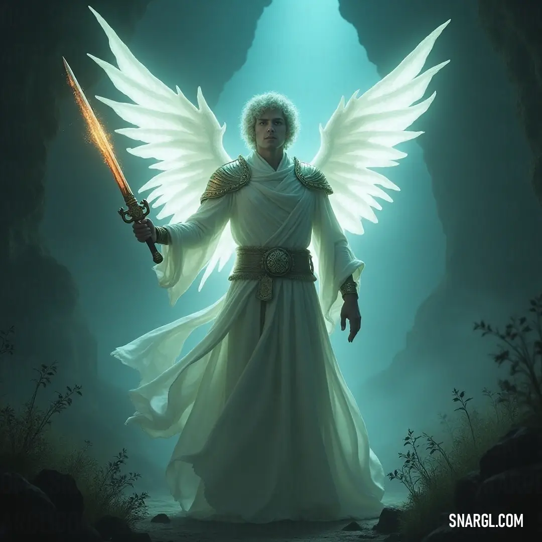 Chamuel with angel wings, holding a sword with a radiant light shining upon him, symbolizing strength and courage. Chamuel, fiercely proud with angel wings, triumphantly holds a sword in one hand as a radiant light bathes him, symbolizing strength and courage amidst a celestial backdrop that inspires awe.
