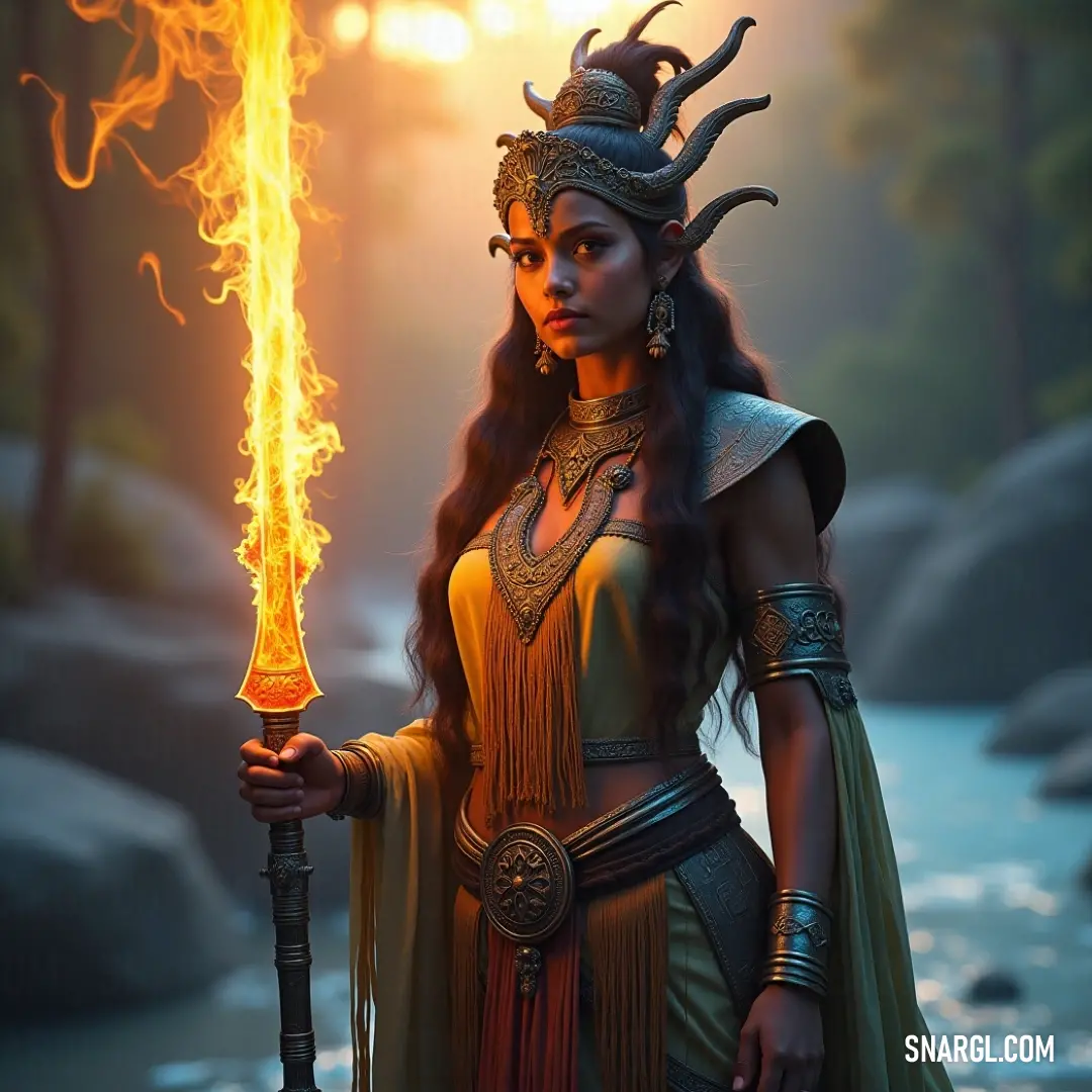 An intriguing figure in a detailed costume wields a flickering torch, the horned headdress adding an air of mystique, suggesting ancient ceremonies shrouded in secrecy and adventure. An intriguing figure clad in elaborate attire holds a flickering torch that dances with light, her horned headdress adding a mystical touch; the scene evokes a sense of ancient rituals and bold adventures.