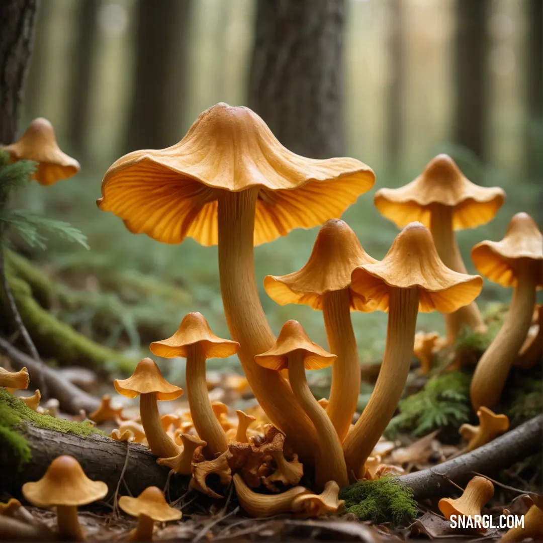Group of mushrooms growing in the forest on the ground in front of trees and mossy ground with fallen leaves