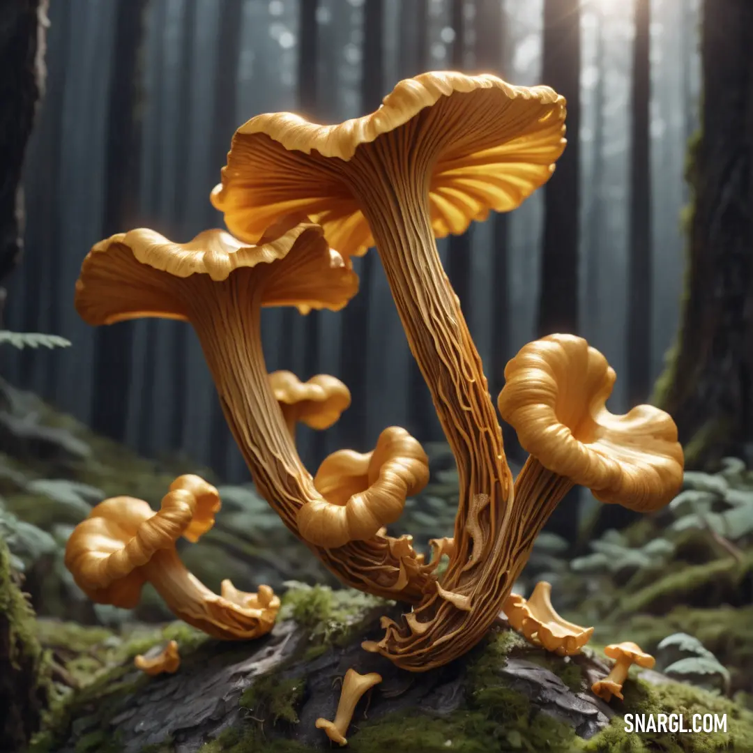 Group of mushrooms growing on a mossy log in a forest with sunlight shining through the trees and moss