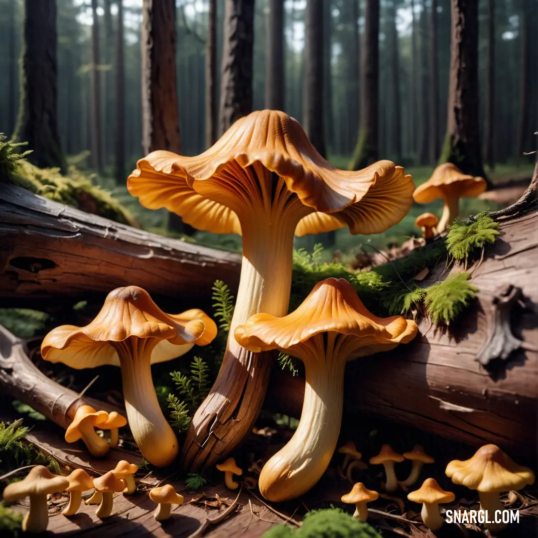 Group of mushrooms growing out of a tunnel in the woods with moss growing on the ground and trees in the background