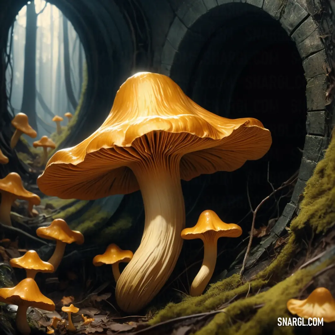 Group of mushrooms growing out of a tunnel in the woods with moss growing on the ground and trees in the background