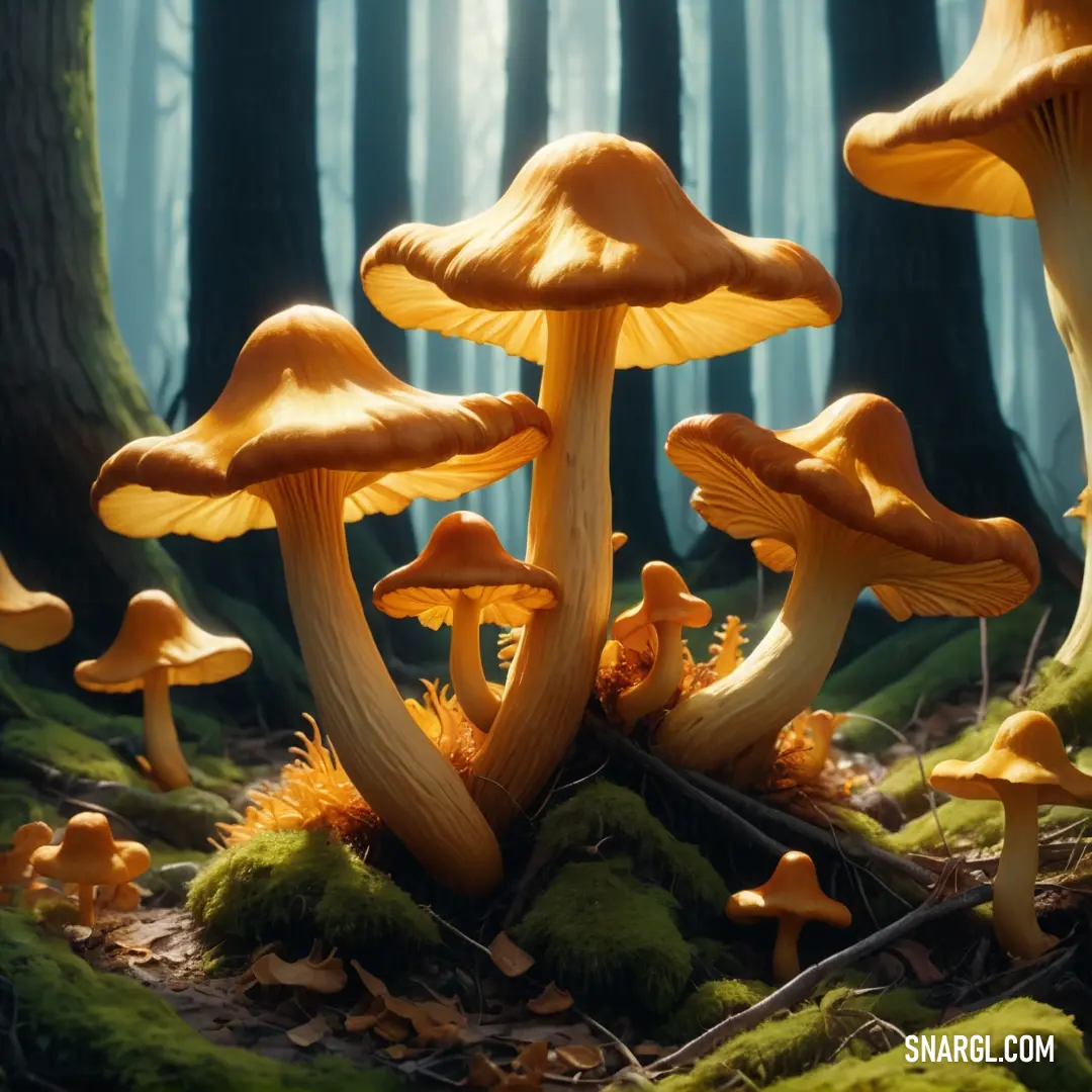 Group of mushrooms in a forest with mossy ground and trees in the background