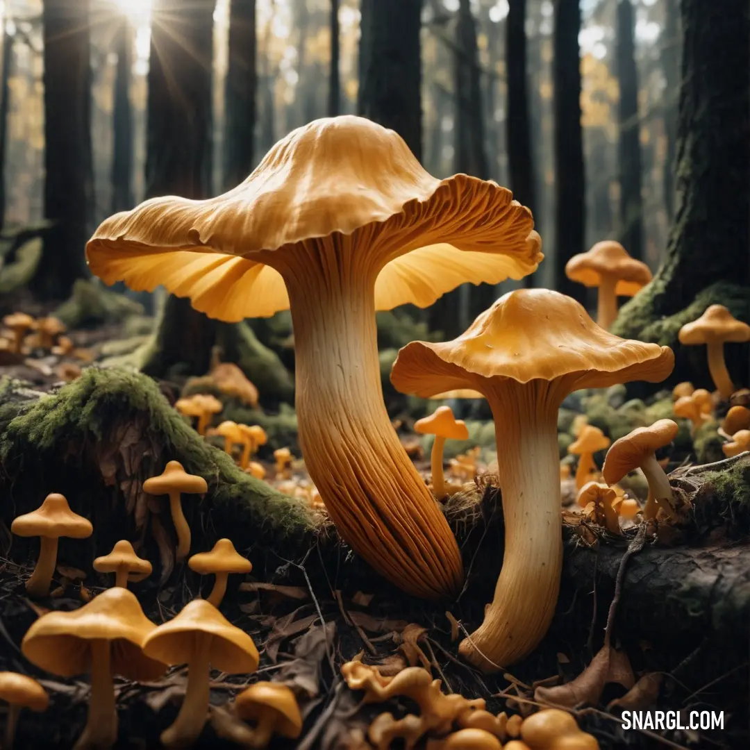 Group of mushrooms in the woods with sun shining through the trees behind them and on the ground