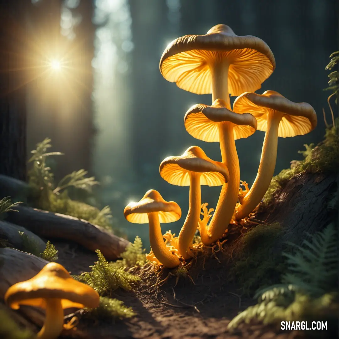 Group of mushrooms on top of a forest floor next to a tree trunk and a sun shining