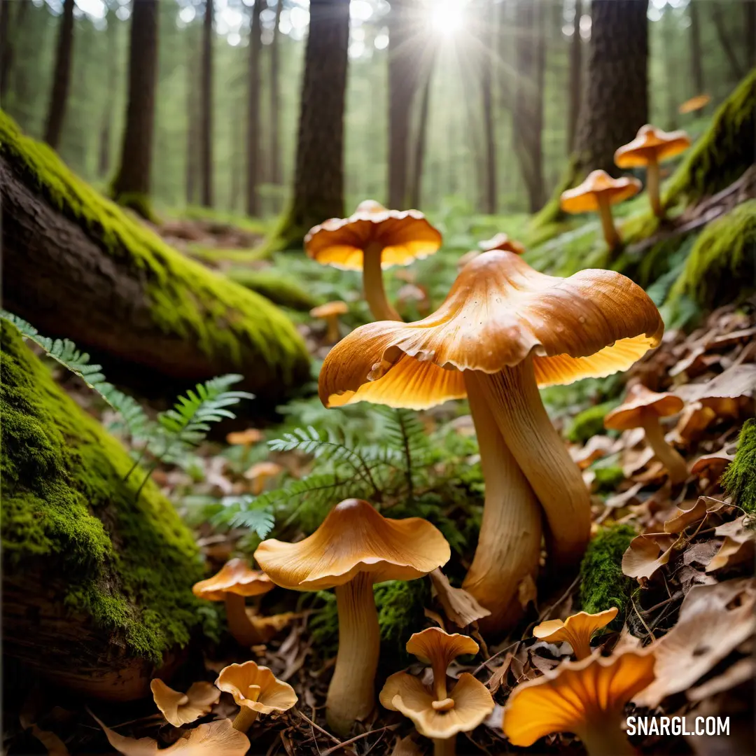 Group of mushrooms in the woods with green mossy ground and trees in the background