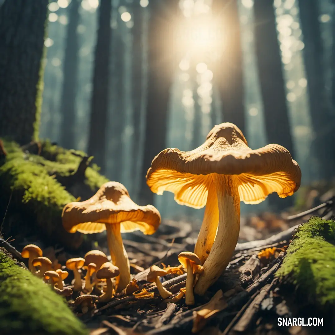 A vibrant patch of mushrooms flourishes in the forest, bathed in sunlight that filters through the trees. The soft moss covers the forest floor, enhancing the peaceful, serene atmosphere of the woodland.