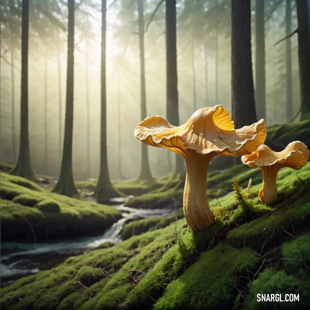 Mushroom on a moss covered hillside in the woods with a stream running through it and trees in the background