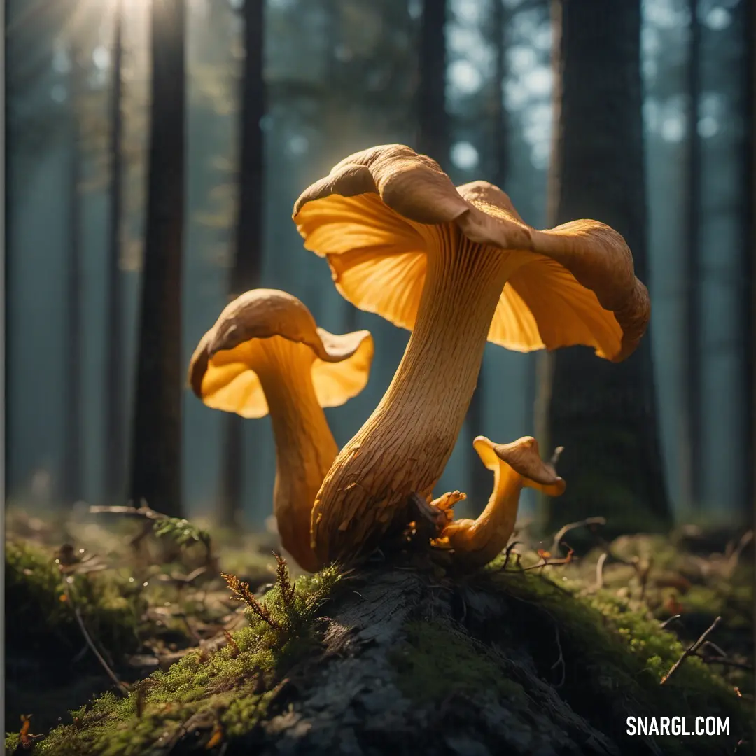 Mushroom on top of a moss covered forest floor in the sun light of a forest setting with trees