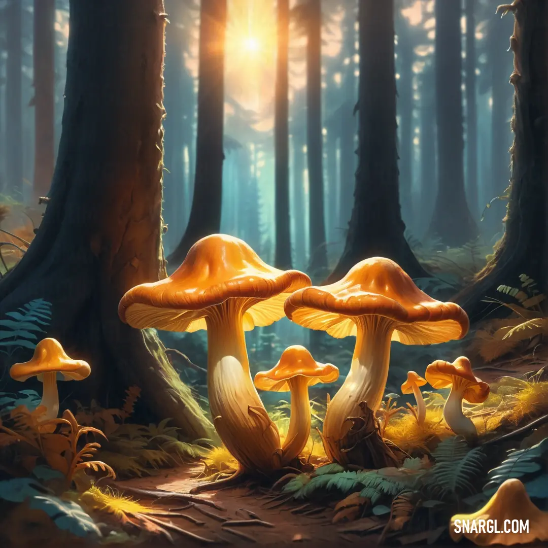 Painting of a forest with mushrooms and sun shining through the trees and leaves on the ground