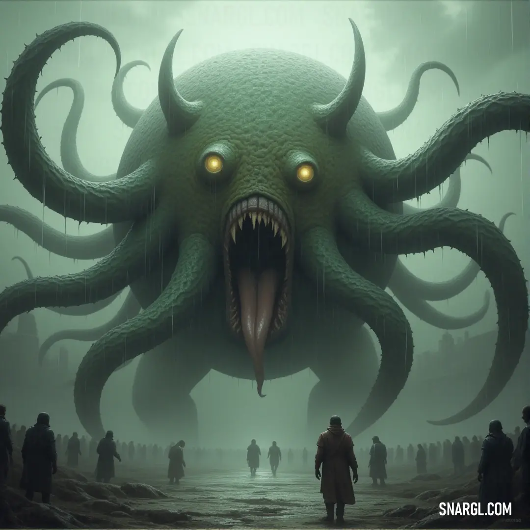 A towering green octopus with glowing yellow eyes faces off with a Chaos Beholder, whose large mouth is agape, creating an intense and mysterious atmosphere. A massive green octopus with glowing yellow eyes looms ominously, while a Chaos Beholder with a grotesque, large mouth stands defiantly before it, creating an eerie and powerful contrast in the dark, foreboding scene.