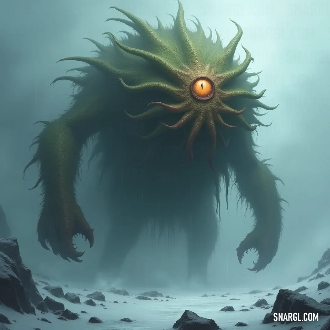 The glowing Chaos Eye amidst a snowy landscape of wonders At the heart of an expansive snowy landscape, a glowing Chaos Eye pulsates with vibrant energy, surrounded by jagged rocks that jut out from the powdery white wilderness, as if beckoning wanderers into the mysteries held by the Eye, a vortex of elemental