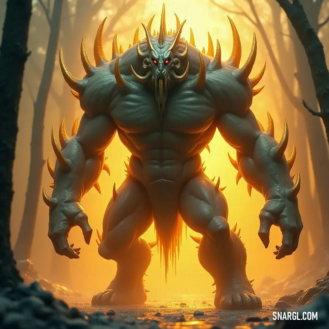 Majestic Chaos Golem with striking horns amidst a sunlit forest, framed by towering trees and a radiant sky. A towering Chaos Golem, adorned with impressive horns, stands majestically within a sun-drenched forest, surrounded by lush trees that stretch towards a golden sky, embodying the raw beauty of nature's might.