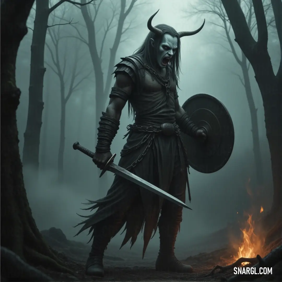 Man in a horned costume holding a sword and a shield in a forest with flames in the foreground