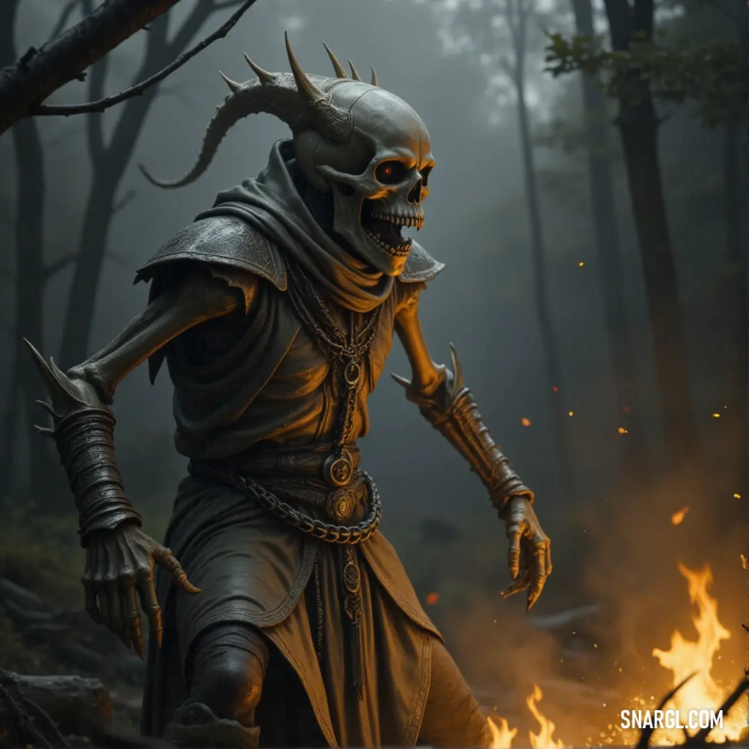 Skeleton in a costume standing in a forest with flames in the foreground