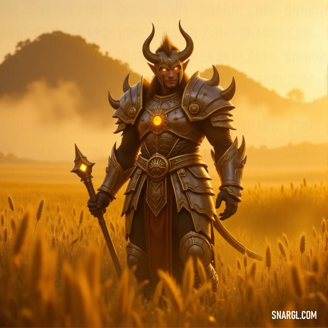 Man in a field with a sword and armor on his chest and a glowing yellow light in his eyes