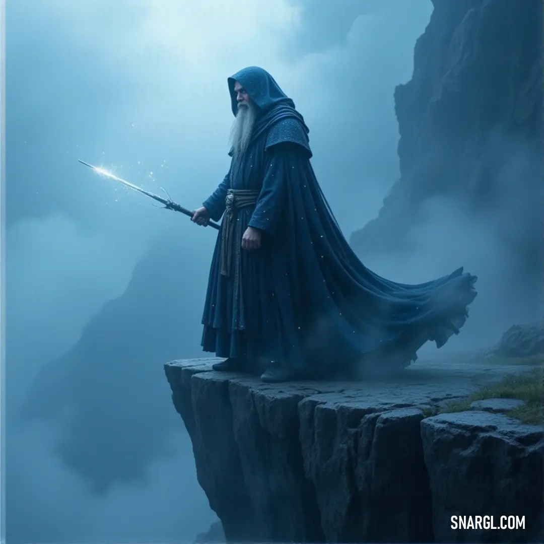 Man in a long robe holding a sword on a cliff edge with fog in the background