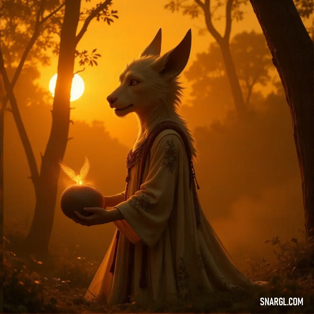 Wolf in a costume holding a ball in a forest at sunset with the sun behind it and trees