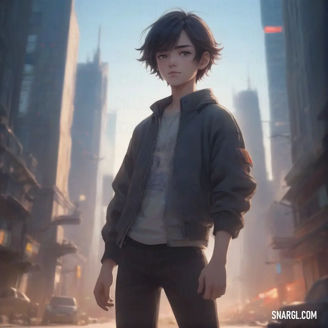 Boy standing in the middle of a city street with a cityscape in the background. Color #36454F.