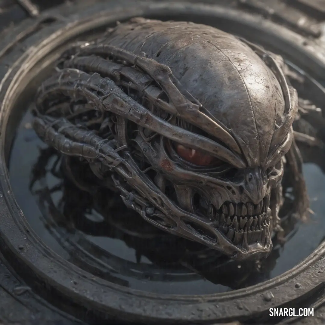 An alien head partially submerged in a puddle of water, with a mysterious circular object in the background. The dark tones of the scene enhance its enigmatic vibe.