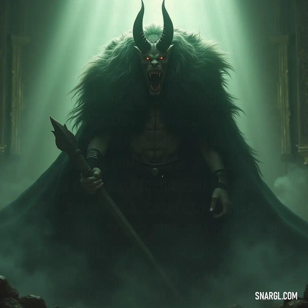 A towering demon with horns holds a sword, standing in a fog-filled room where light streams through an open doorway. The dim, mysterious light highlights the creature’s imposing figure, adding to the ominous atmosphere.