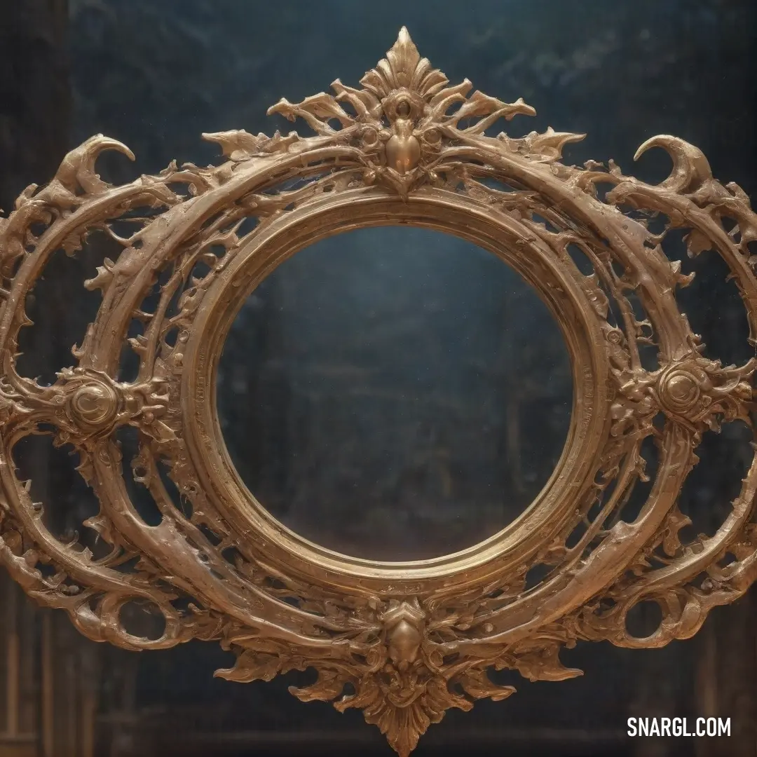 A vintage gold ornate mirror is framed against a rich blue background, the intricate details of the frame standing out in contrast to the deep color. The mirror’s surface reflects its surroundings, adding a touch of elegance.