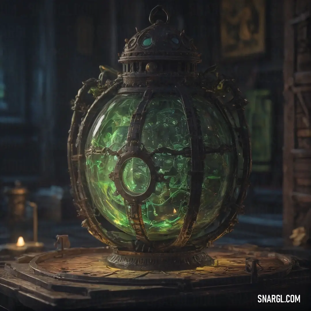 A large green lantern sits on a table beside a candle holder and a vintage clock, all in a serene setting that highlights the lantern’s vibrant hue against the neutral surroundings.