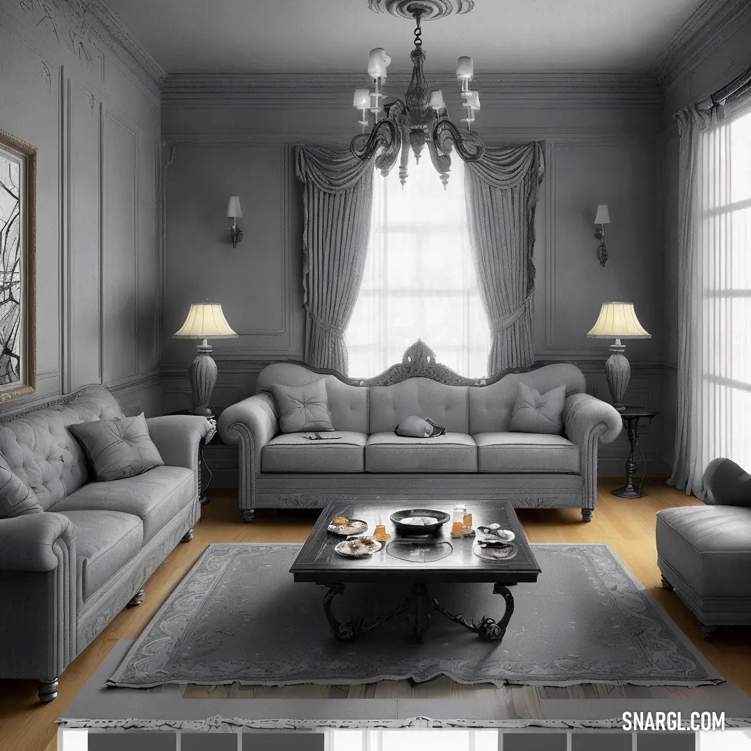 Living room with a couch, chair. Example of Charcoal color.