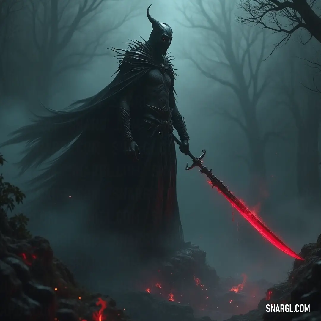 A man stands in a dense, dark forest, gripping a sword with glowing red lines along its edges. A demon perches on his shoulder, both creature and weapon glowing ominously in the shadowy environment, casting a mysterious aura around him.