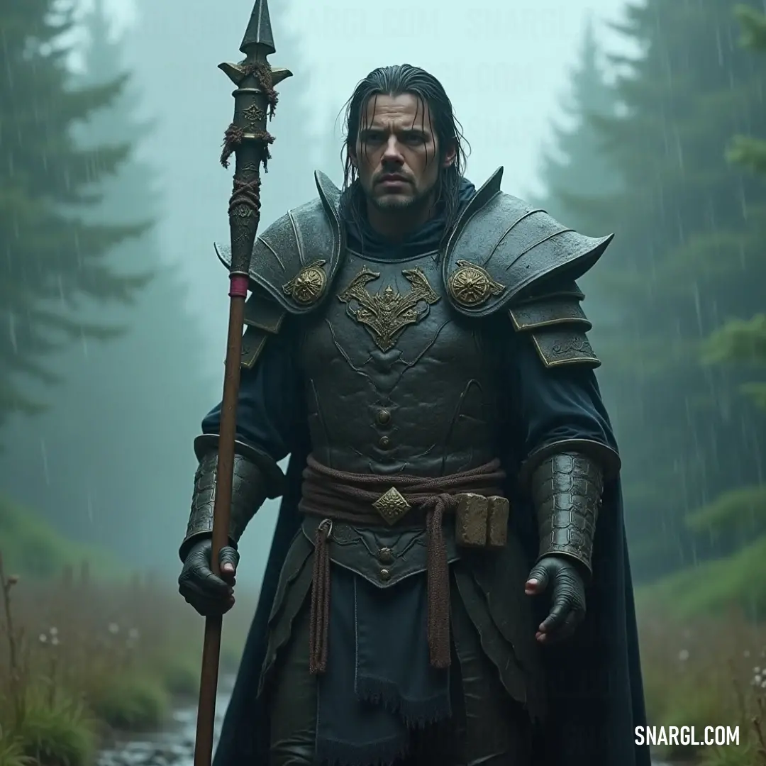 A heroic figure clad in full armor stands resiliently, wielding a sword and a staff beside him, rain cascading down in a lush forest. The interplay of nature and armor creates a powerful image of strength amid adversity.