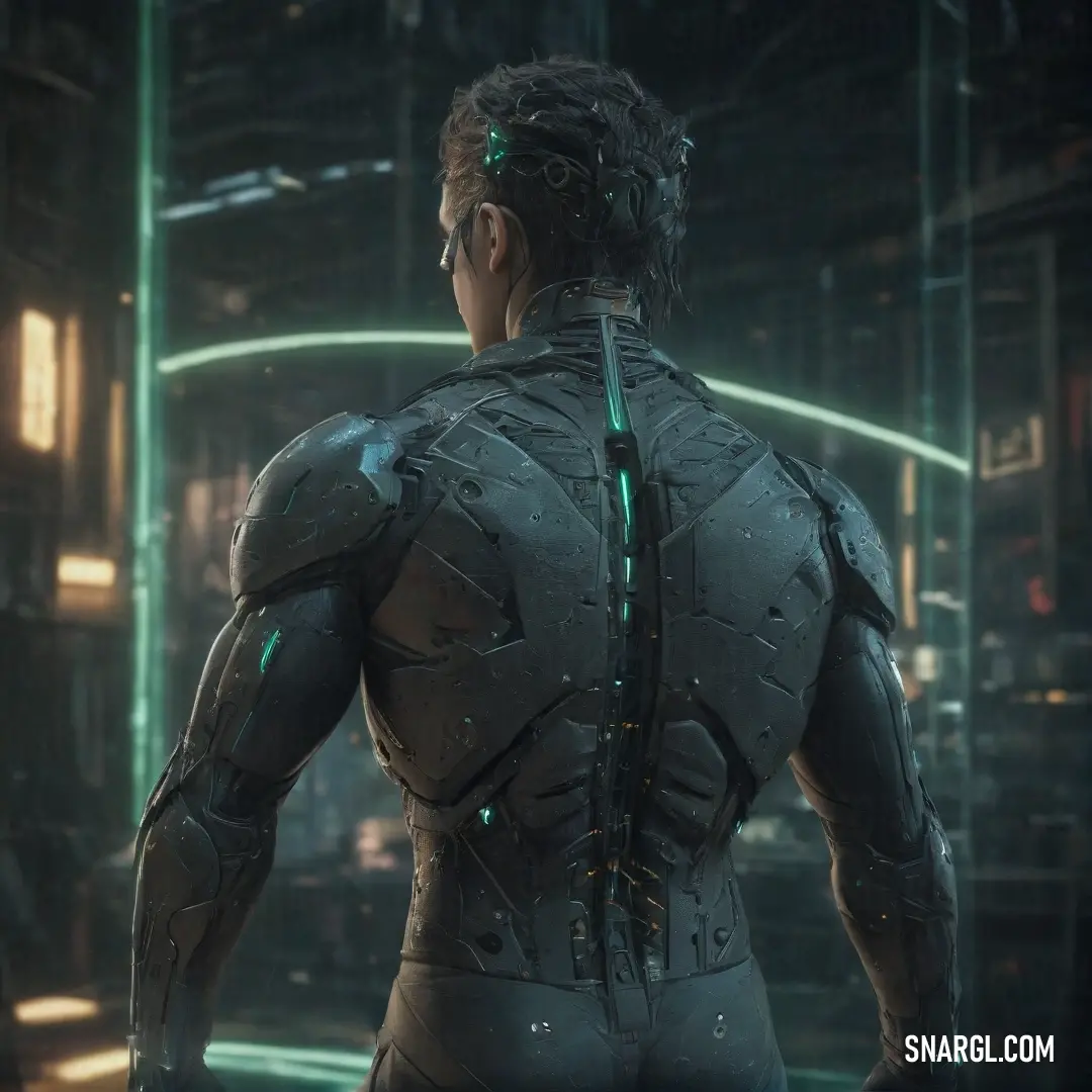 A man in a futuristic suit stands against a backdrop of glowing green light, his face focused on something in the distance. The charcoal-colored tones of his outfit and the glow create a dramatic, almost cinematic atmosphere.